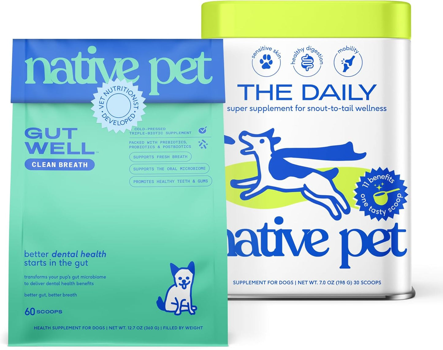 Native Pet Fresh Breath & Multivitamin Bundle: 60 Scoops GutWell Clean Breath - Dog Breath Freshener & 30 Scoops Dog Vitamins & Supplements - 11-in-1 Multivitamin Powder Food Topper