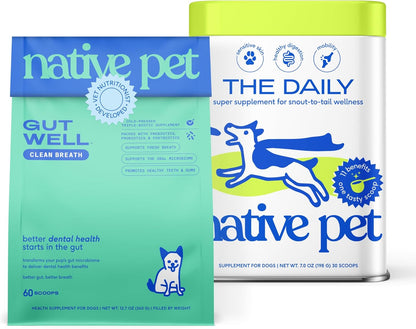 Native Pet Fresh Breath & Multivitamin Bundle: 60 Scoops GutWell Clean Breath - Dog Breath Freshener & 30 Scoops Dog Vitamins & Supplements - 11-in-1 Multivitamin Powder Food Topper