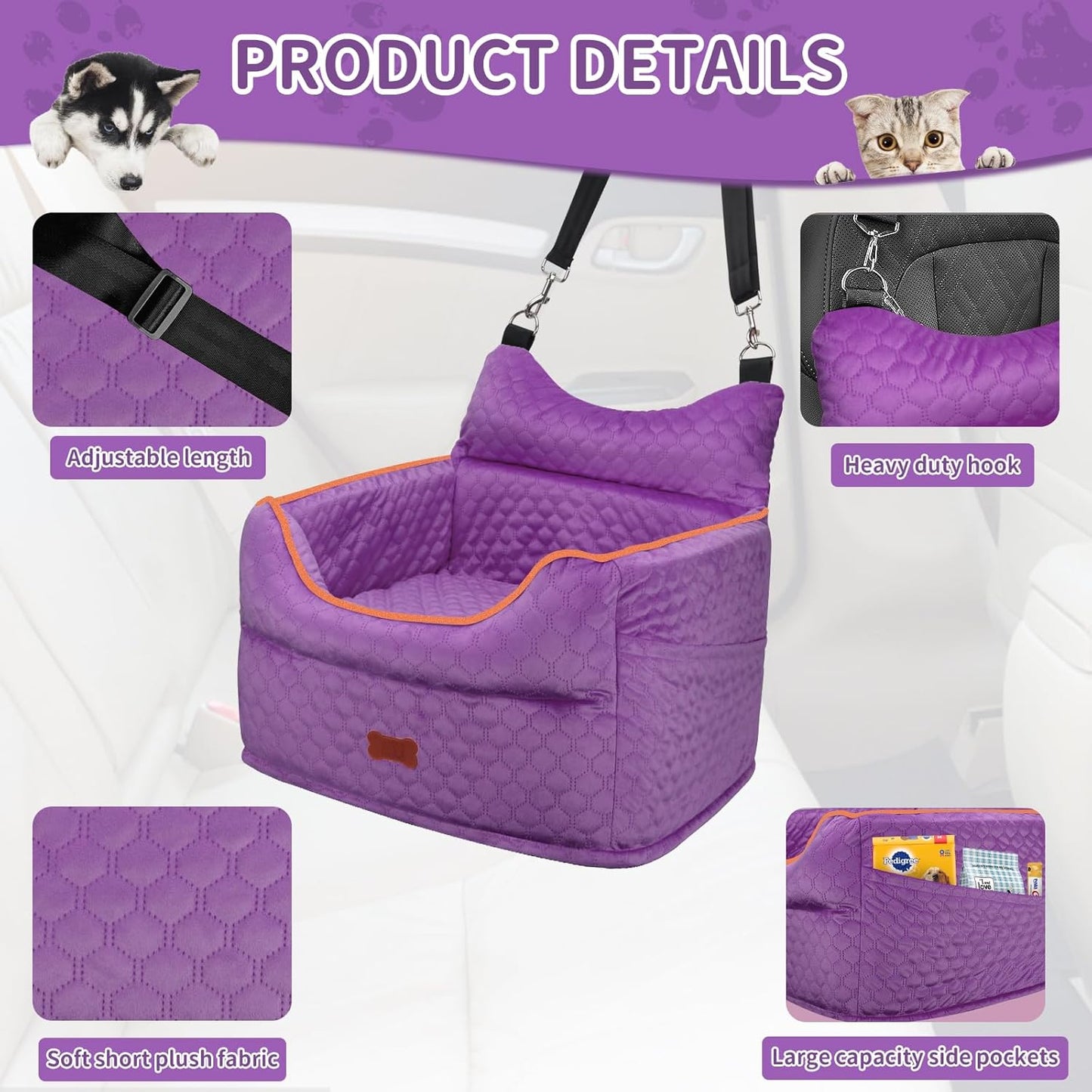 Dog Car Seat - Memory Foam Dog Booster Seat for Small Dogs Up to 25lbs-Elevated Pet Car Seat with Storage Pockets and Dog Seat Belt-Soft Pet Travel Bed for Front & Back Seats-Removable Washable-Purple