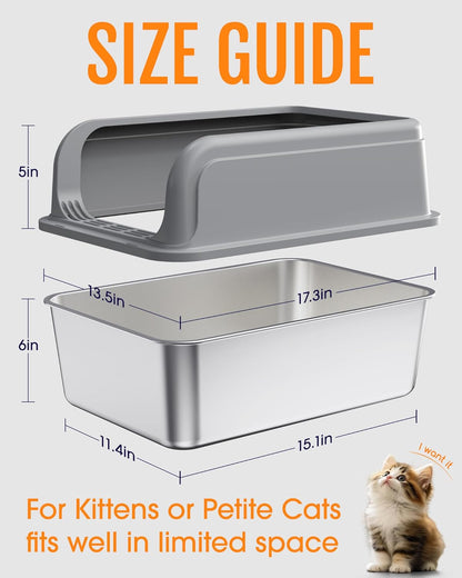 Stainless Steel Cat Litter Box, Metal Kitty Litter Box with Scoop, Anti-Leakage Top Entry, Non-Sticky, Easy to Clean, Grey, S (1 Pack)