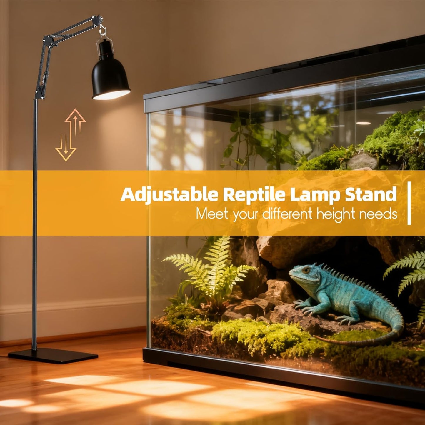 Reptile Lamp Stand, Adjustable 15-46 in Heat Lamp Stand, Metal Floor Light Holder with 180° Adjustable Swing Arm for Reptile Glass Terrarium Heating Light