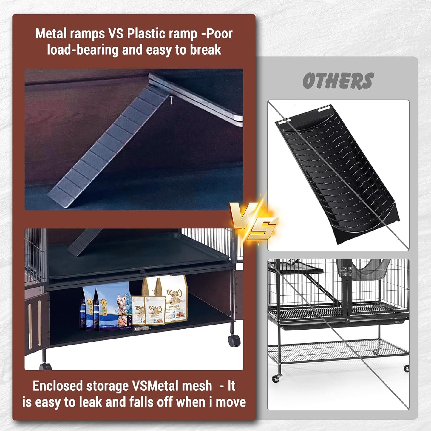 60" Large Metal Ferret Cage, Multi-Level Chinchilla Cages with Lockable Doors,3 Metal Ramps, 4 Wheels, Small Animal Cage with PP Trays & Storage Cabinet for Chinchillas, Ferrets, Guinea Pigs, Rats