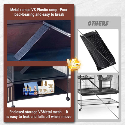 60" Large Metal Ferret Cage, Multi-Level Chinchilla Cages with Lockable Doors,3 Metal Ramps, 4 Wheels, Small Animal Cage with PP Trays & Storage Cabinet for Chinchillas, Ferrets, Guinea Pigs, Rats