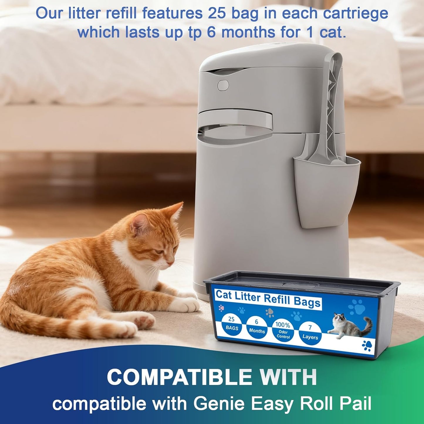 2 Pack Cat Litter Refill Bags Compatible with Litter Genie Easy Roll Pail,Lasting Refills,Leak-Proof & Easy-Tear,Ultimate Odor Control Cat Litter Bags,(50 Bags Total)