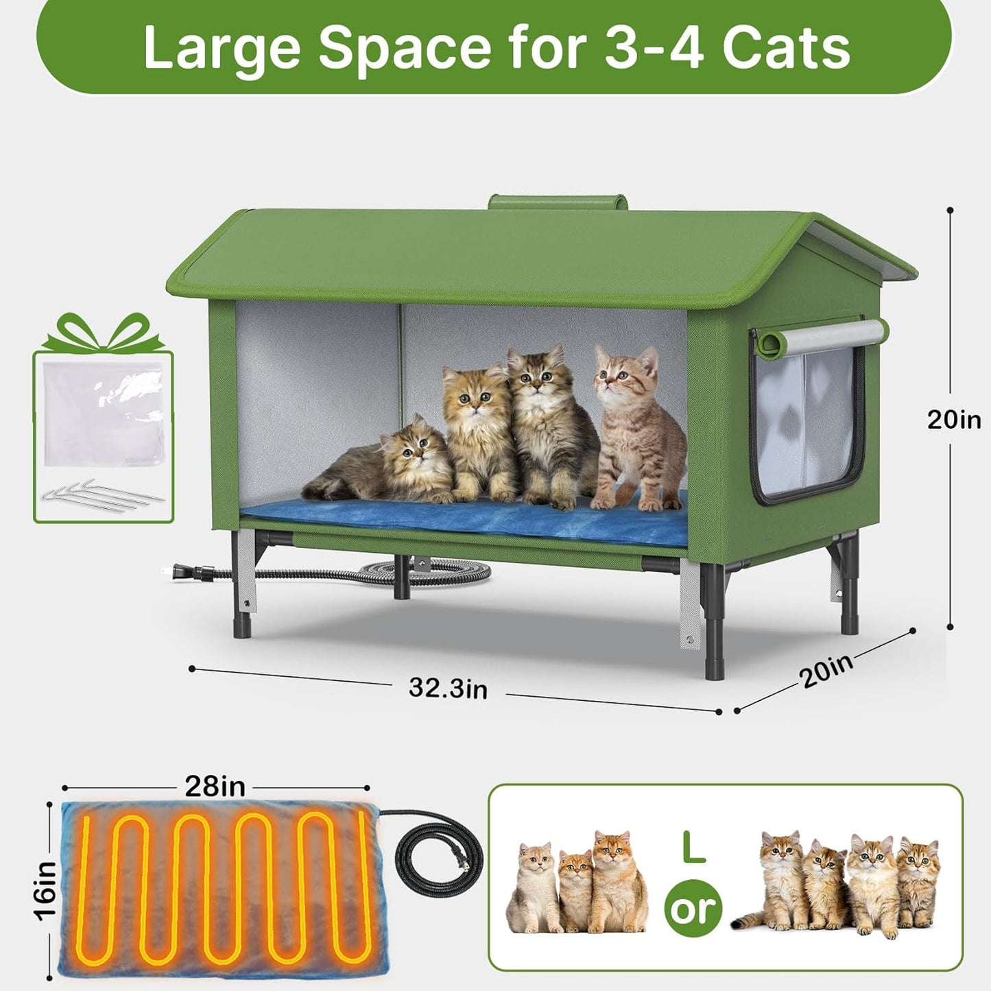 Heated Cat House for Outside - 32" Insulated Cat House Outdoor Weatherproof, Winter Outdoor Cat Shelter with Waterproof Eaves & Escape Door, Elevated Cat Shelter for Feral Stray Cat Kitty, XL