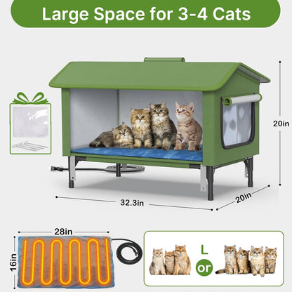 Heated Cat House for Outside - 32" Insulated Cat House Outdoor Weatherproof, Winter Outdoor Cat Shelter with Waterproof Eaves & Escape Door, Elevated Cat Shelter for Feral Stray Cat Kitty, XL