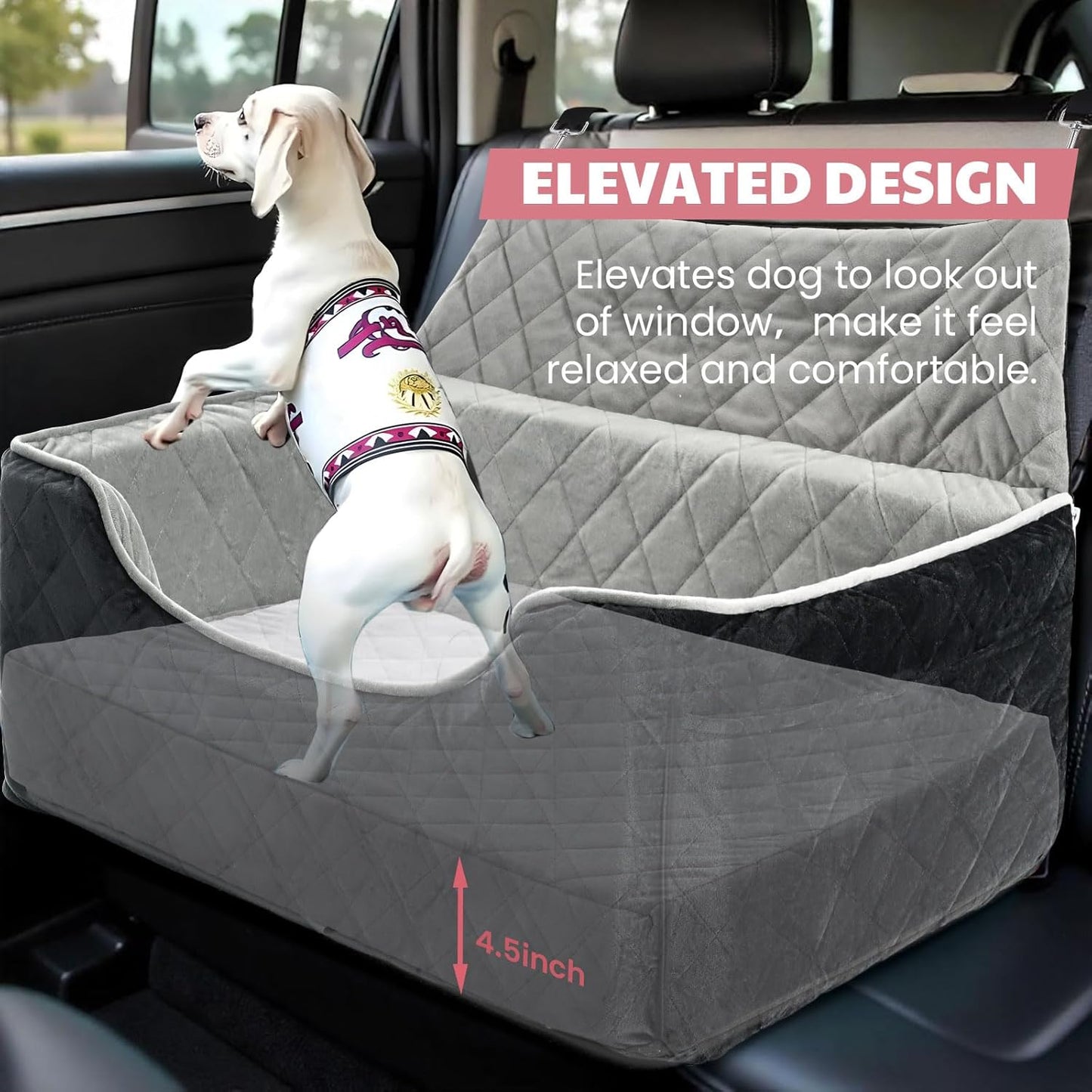 Dog Car Seat for Large/Medium Dogs, Dog Booster Seat for Under 50lbs or 2 Small Dogs, Non-Slip Removable and Washable Pet Car Seat,2 Safety Leashes, Travel Pet Bed, Black