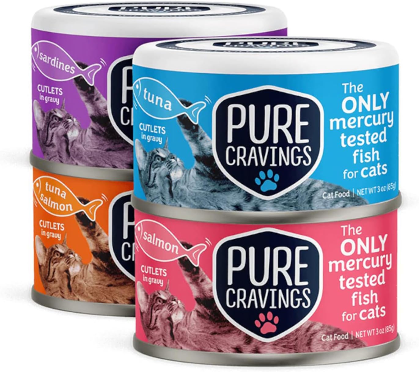 Pure Cravings Wet Cat Food Variety Pack Tuna, Salmon, Sardines, Tuna/Salmon in Gravy, 100% Mercury-Tested, Moist Can Fish for Cats, Grain-Free, Protein, Non-GMO, Pack of 12