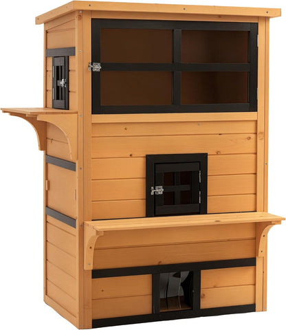 PawHut 3-Story Cat House Feral Cat Shelter, Outdoor Kitten Condo with Raised Floor, Asphalt Roof, Escape Doors, Jumping Platforms, Yellow