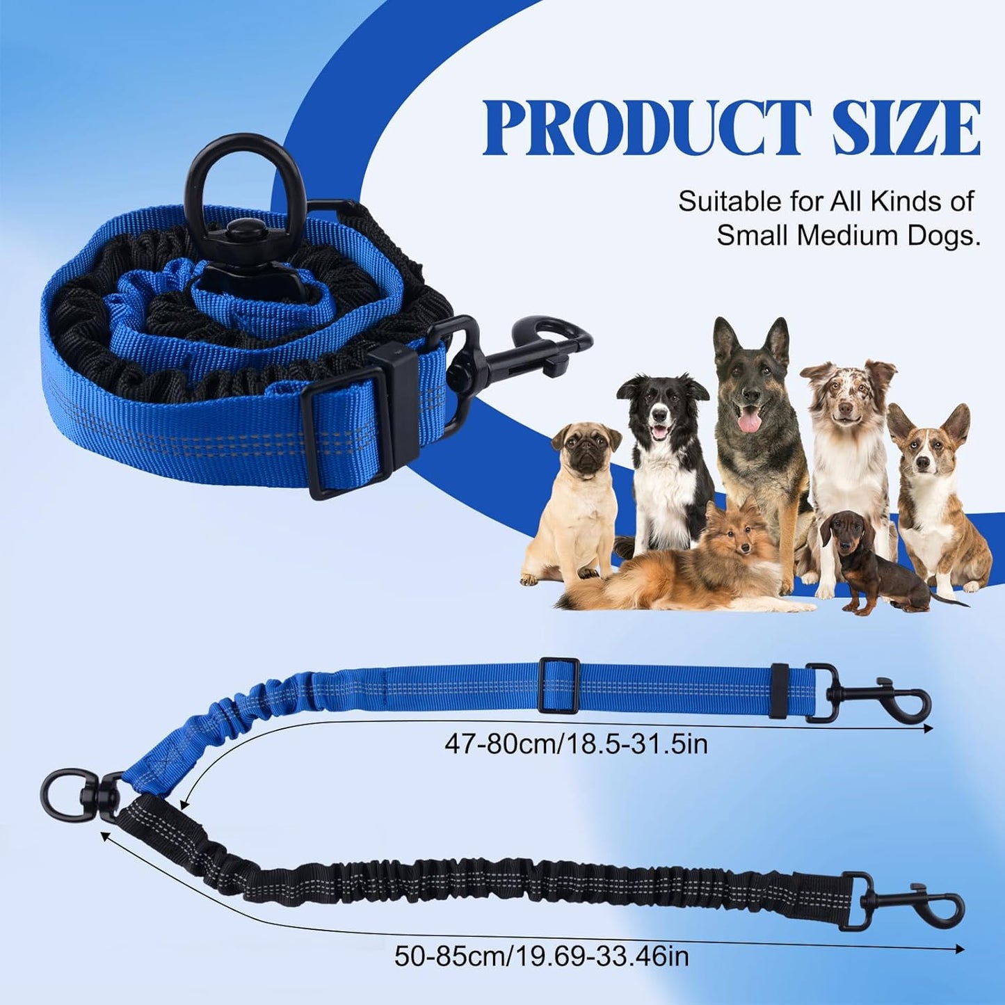 Double Dog Leash Coupler-360°Swivel,2 PCS No Tangle Walking Leash with Shock Absorbing Bungee for Outdoor Walk Train Small Medium Pet(Grey,Blue)