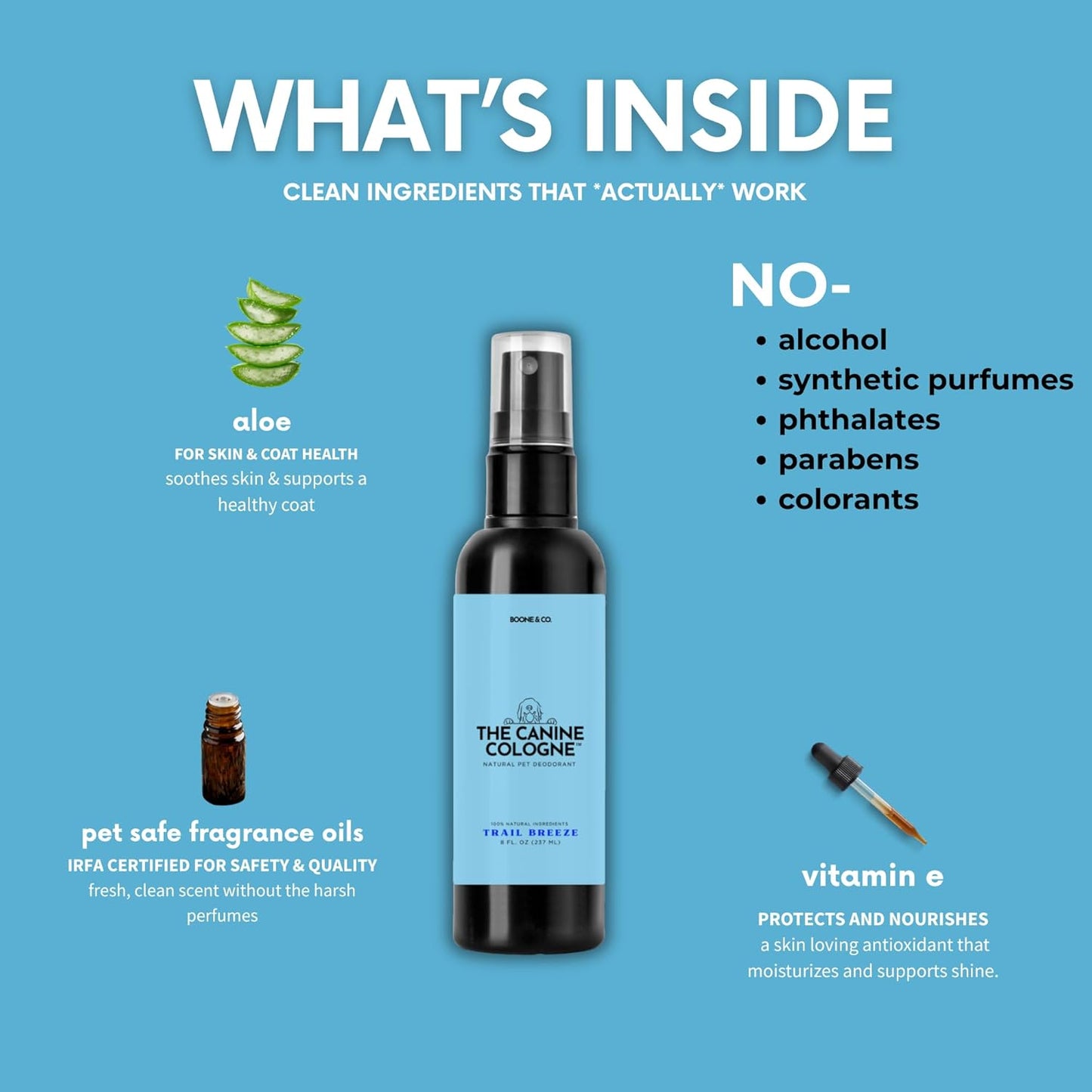 Boone & Co. Canine Cologne Spray for Dogs – 8 oz | Pet-Safe Dog Deodorizer & Grooming Spray | Clean Ingredients, Long-Lasting Scent | Made in USA | 3 Signature Scents (Trail Breeze)