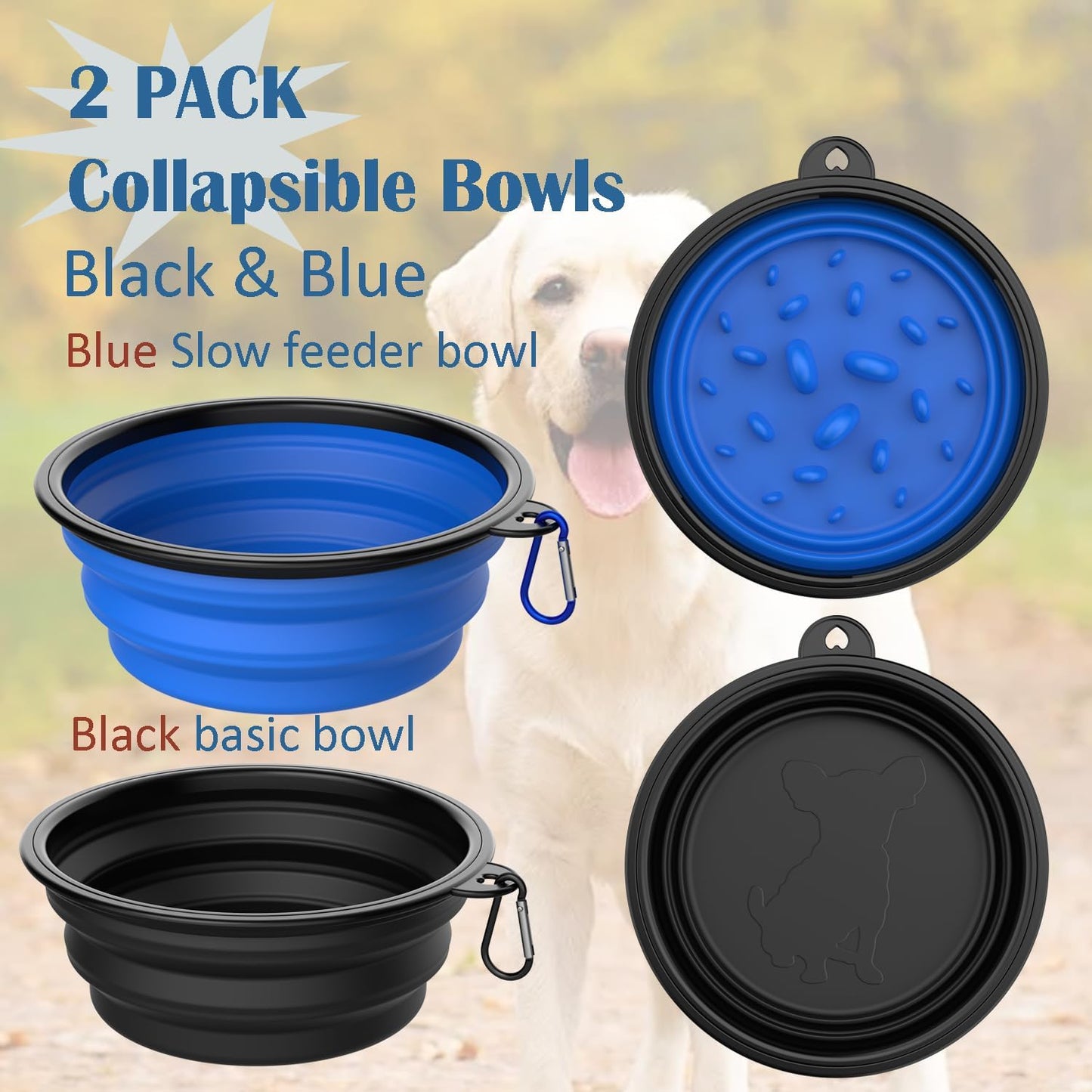 Takfox Collapsible Dog Bowls [2 Pack] 34 oz, Slow Feeder Bowl, Travel Dog Bowls Pet Portable Foldable Water Food Feeding Dishes with Carabiner Clip for Traveling Hiking Walking-Black & Blue