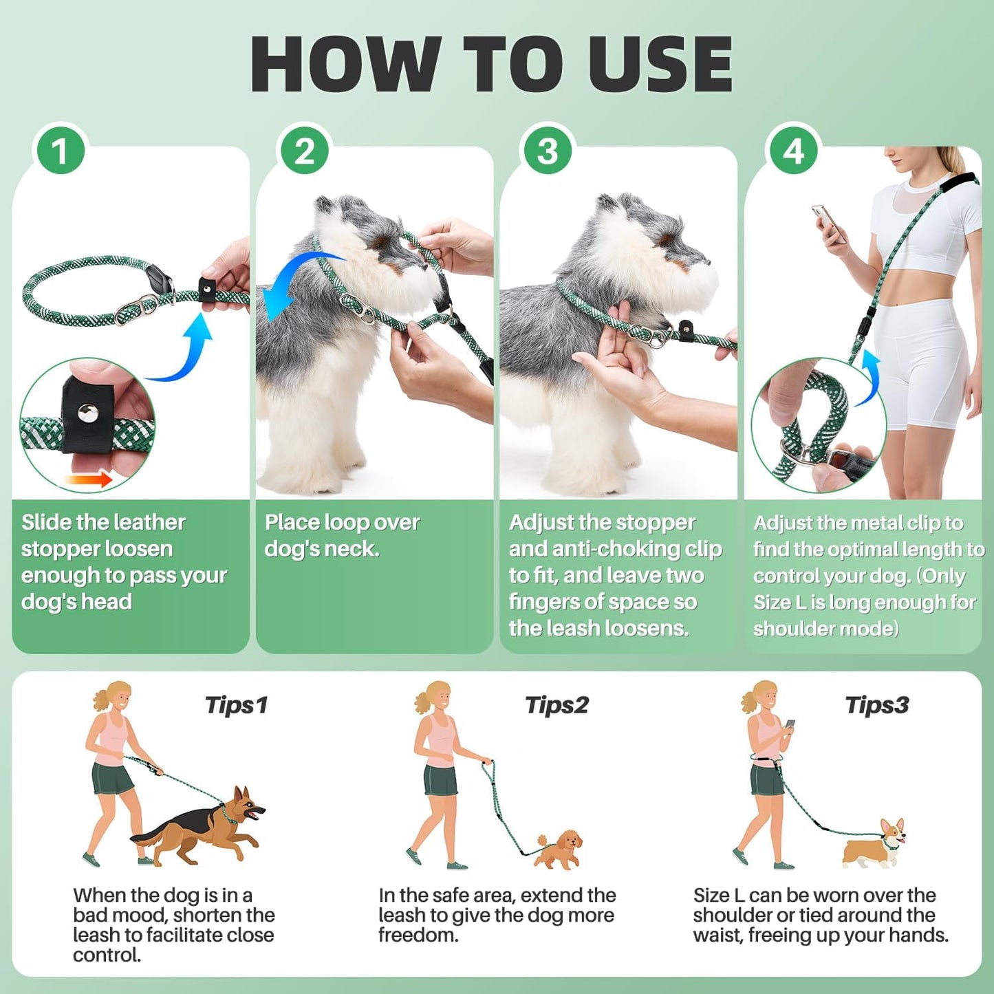 SlowTon Slip Lead Dog Leash, Adjustable 4-6 FT, 1/2” Rope, Heavy Duty Nylon Leashes with Padded Handle & Highly Reflective Threads, No Pull Training Leash for Medium Large Dogs 20-120lb (Green, S)