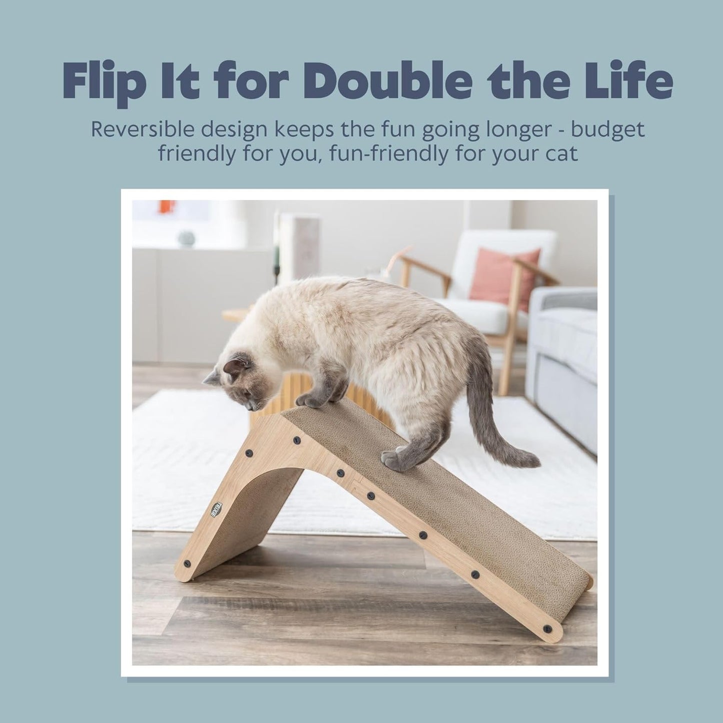 Trixie L-Shape Cat Scratcher with Catnip & Silvervine - 25.6" Indoor Furniture - Double-Sided Corrugated Cardboard - Vertical & Horizontal Scratching Pad with Ball Toy for Cats & Kittens - Natural