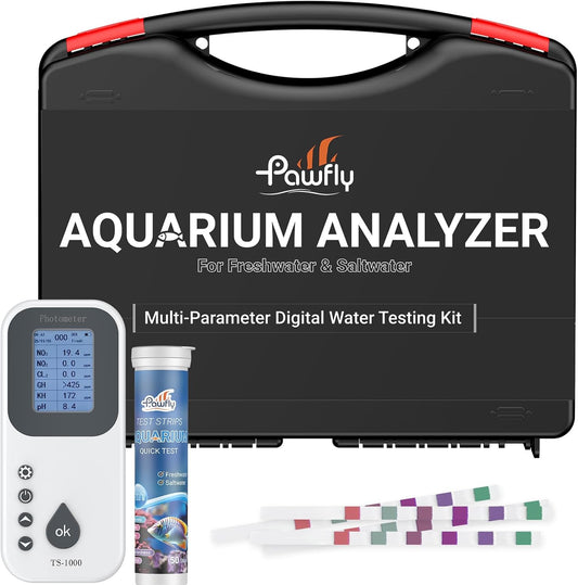 Pawfly 6 in 1 Digital Water Testing Kit, 50 Strips Fresh/Salt Aquarium Water Test Kit, Fish Tank Water Testing Kit, Digital Water Tester for pH, Nitrate, Nitrite, Chlorine, Total Hardness & Carbonate