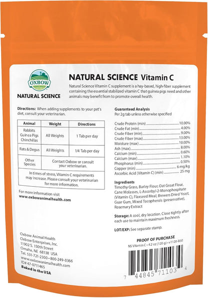 Oxbow Natural Science Vitamin C Supplement, Vitamin C & High-Fiber Timothy Hay, Guinea Pig Items, Made in the USA, Small Pet Supplies, Recommended by Veterinarians, 4.2 oz