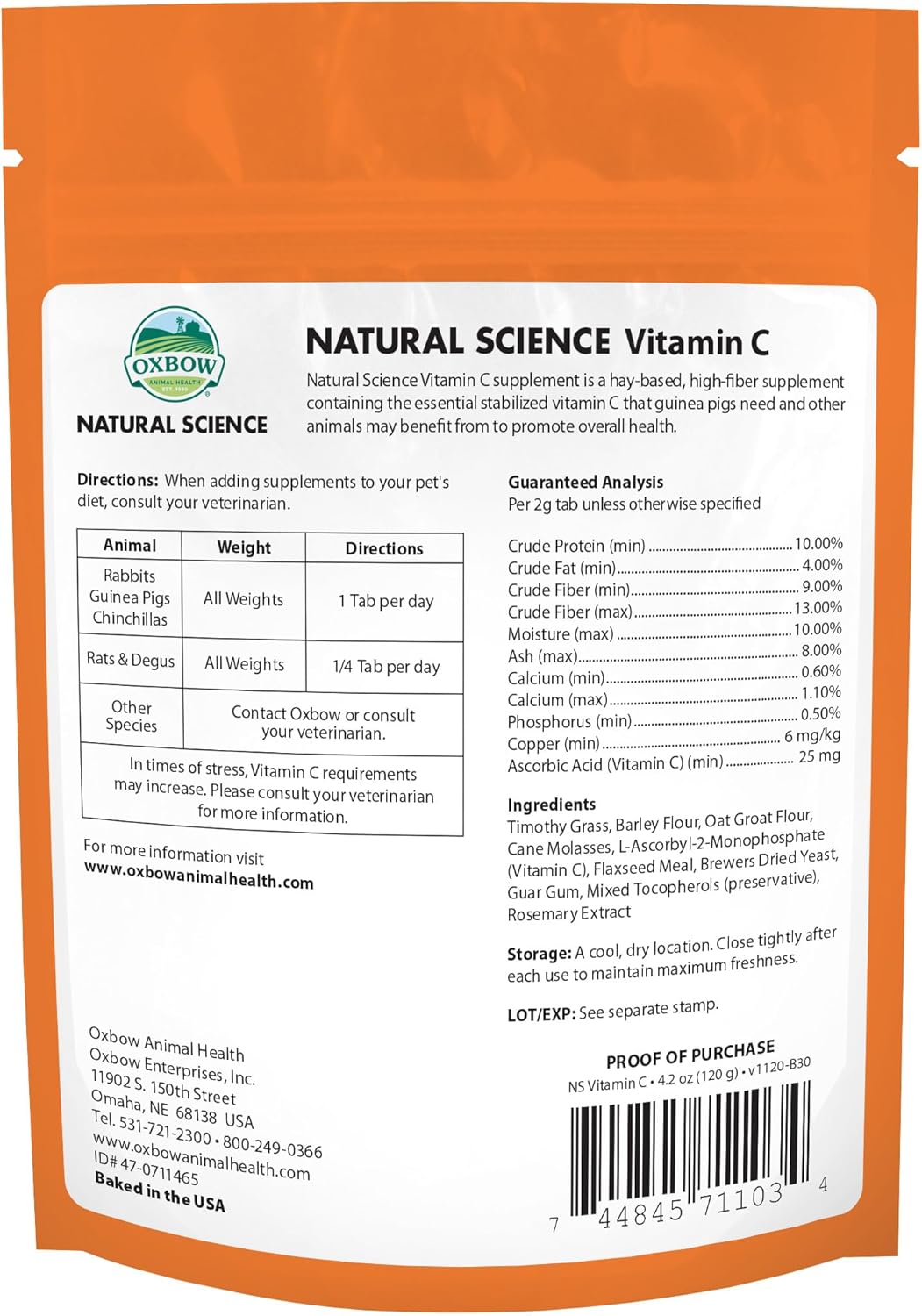 Oxbow Natural Science Vitamin C Supplement, Vitamin C & High-Fiber Timothy Hay, Guinea Pig Items, Made in the USA, Small Pet Supplies, Recommended by Veterinarians, 4.2 oz