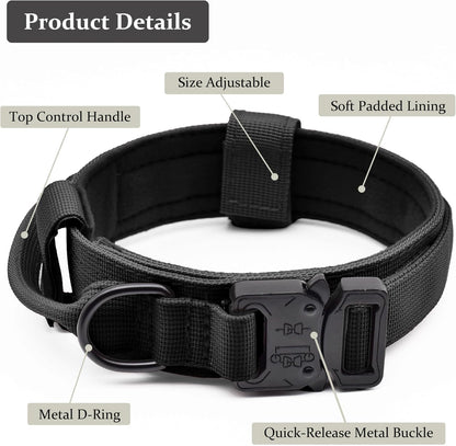 Tactical Dog Collar, Adjustable Military Training Nylon Dog Collar with Control Handle and Heavy Quick-Release Metal Buckle for Small Medium Large Dogs, Black L