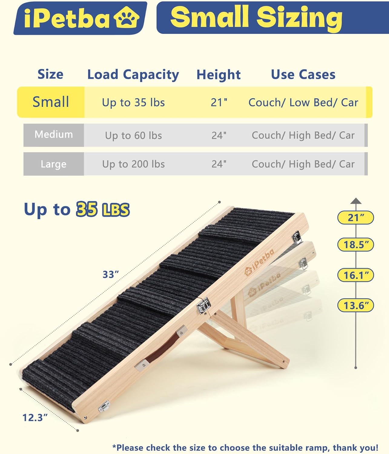 Dog Ramp for Bed & Couch for Small Dogs - Joint-Friendly, Anti-Slip, Folding, Adjustable, Portable, Up to 35 lbs