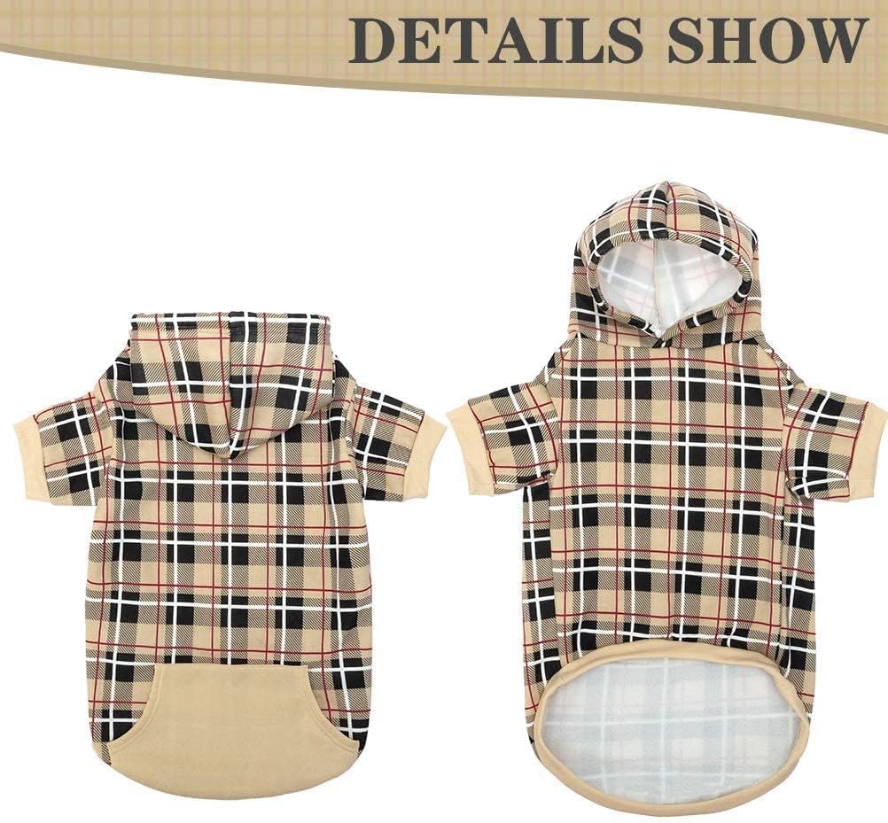 EXPAWLORER Plaid Dog Hoodie - British Style Warm Dog Sweater Shirt with Leash Hole,Pitbull Clothes Outfits,Winter Coat Apparel for All Breeds Puppy Girl Boy-Cat Apparel,Beige Small