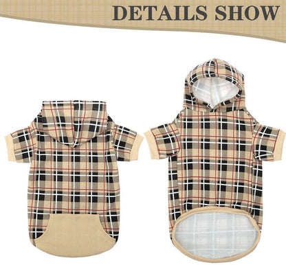 EXPAWLORER Plaid Dog Hoodie - British Style Warm Dog Sweater Shirt with Leash Hole,Pitbull Clothes Outfits,Winter Coat Apparel for All Breeds Puppy Girl Boy-Cat Apparel,Beige Small