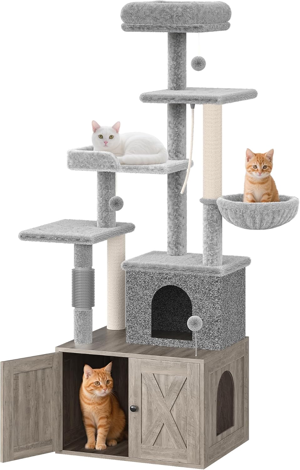 Cat Tree with Litter Box Enclosure Large, Multilevel Cat Play House with Large Condo, Spacious Hammock, Cozy Top Perch,Scratching Post and Dangling Balls
