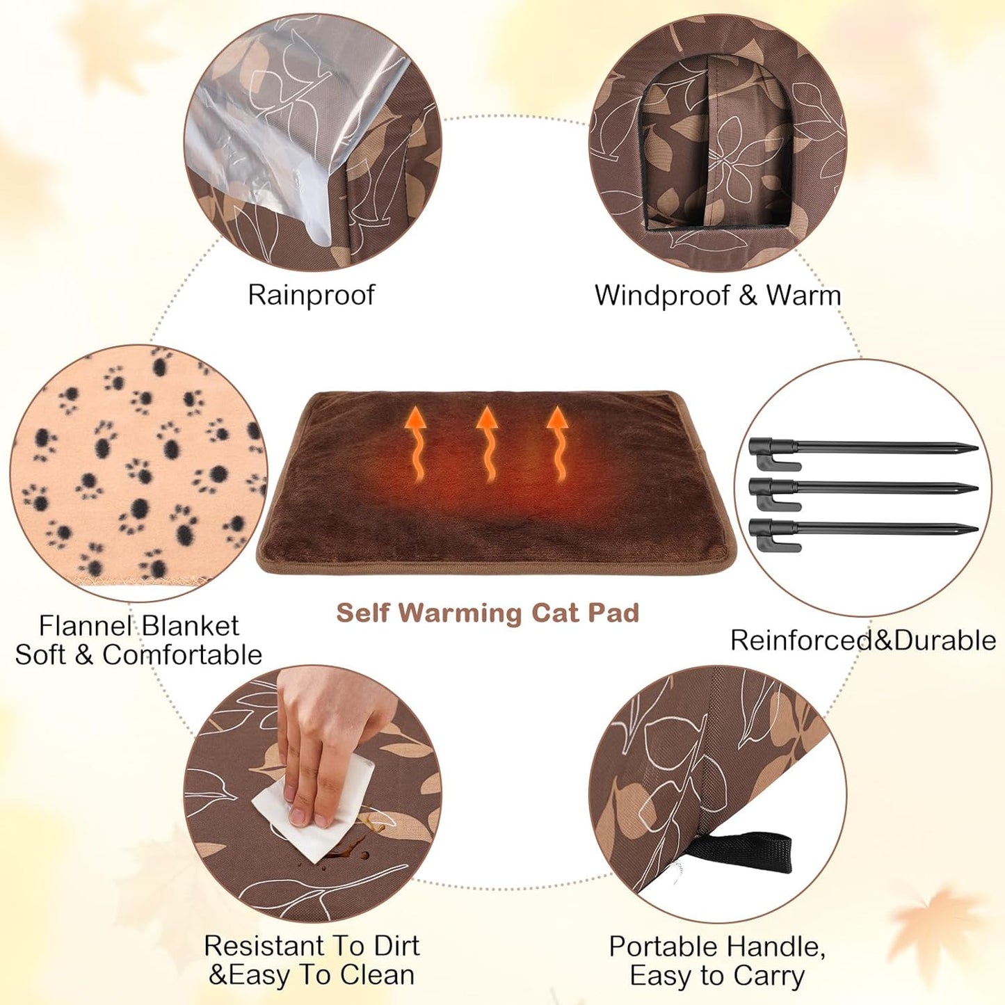 3 Pcs 21"x 18" Outdoor Waterproof Cat House with Curtained Door Self Warming Pad Blanket Large Feral Cat Shelter Winter Leaf Collapsible Kitty Dog Bed Outside, 3 Tent Stakes, Easy Assemble