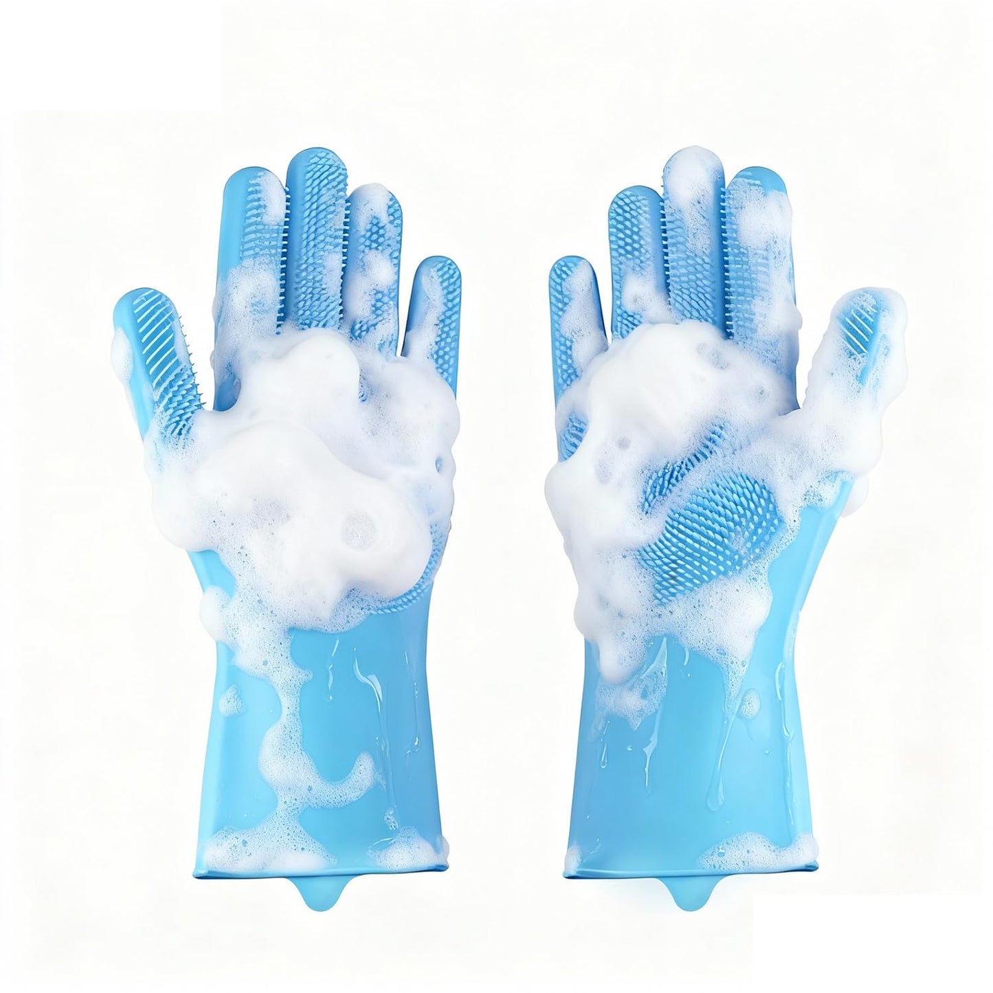 Pet Grooming Gloves, Pet Hair Remover, 2-in-1 Heat Resistant Silicone Gloves with High-Density Teeth, Enhanced Five Finger Design for Bathing, Cleaning Dishes, Cars, Dogs & Cats (Blue)