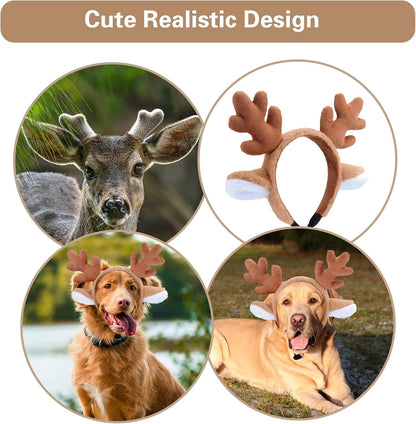 Beviliu Dog Reindeer Antlers Headband, Brown Dog Christmas Antlers Costume for Medium Large Dogs Fluffy Elastic Pet Costume, Adjustable Deer Antlers for Dogs & Cats Halloween Party Birthday
