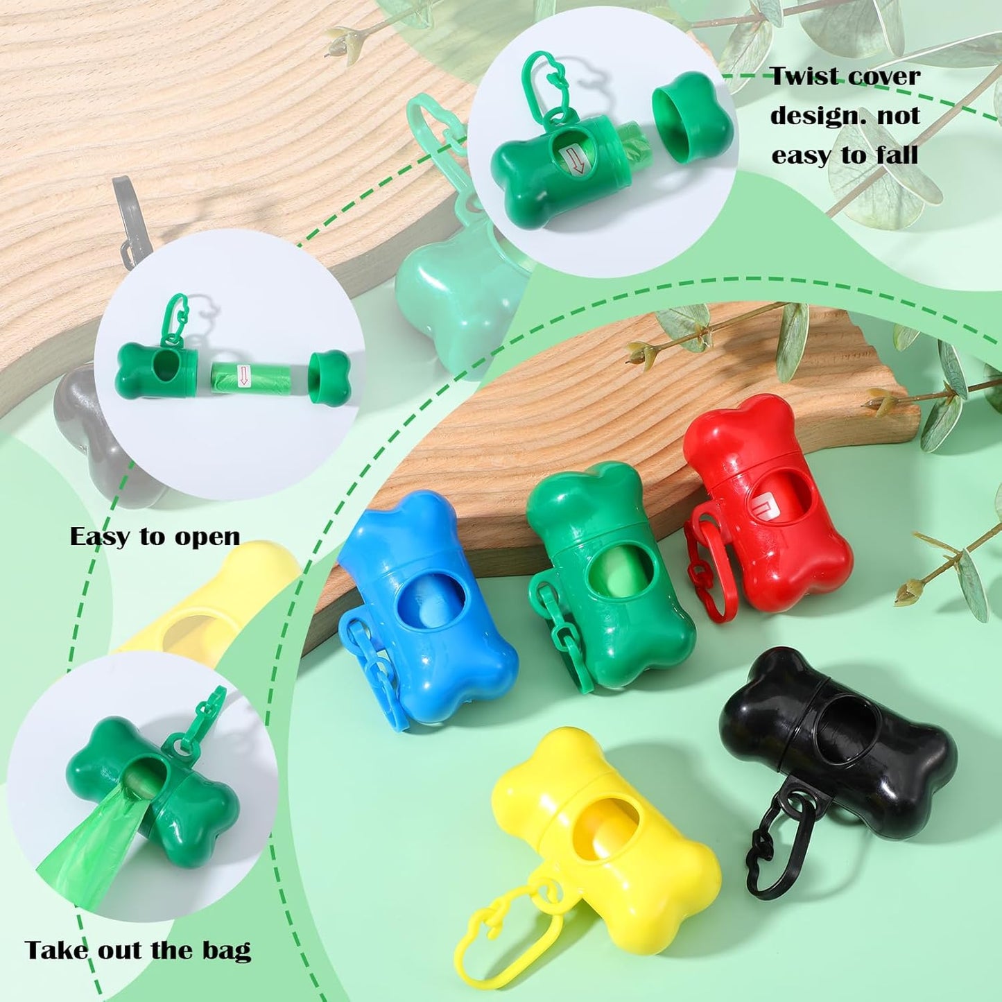 50 Pcs Bone Shape Dog Poop Bag Dispenser with Leash Hook Plastic Leak Proof Pet Waste Bag Holder for Walking Hiking Camping, 5 Colors