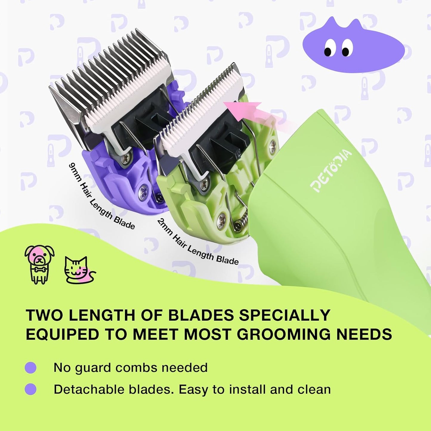 Professional Dog Clippers for Grooming, Low Noise Electric Quiet Dog Grooming Kit, Rechargeable Cordless Dog Shaver Clippers, with 9mm Blade for Dogs Cats Pets (Green)