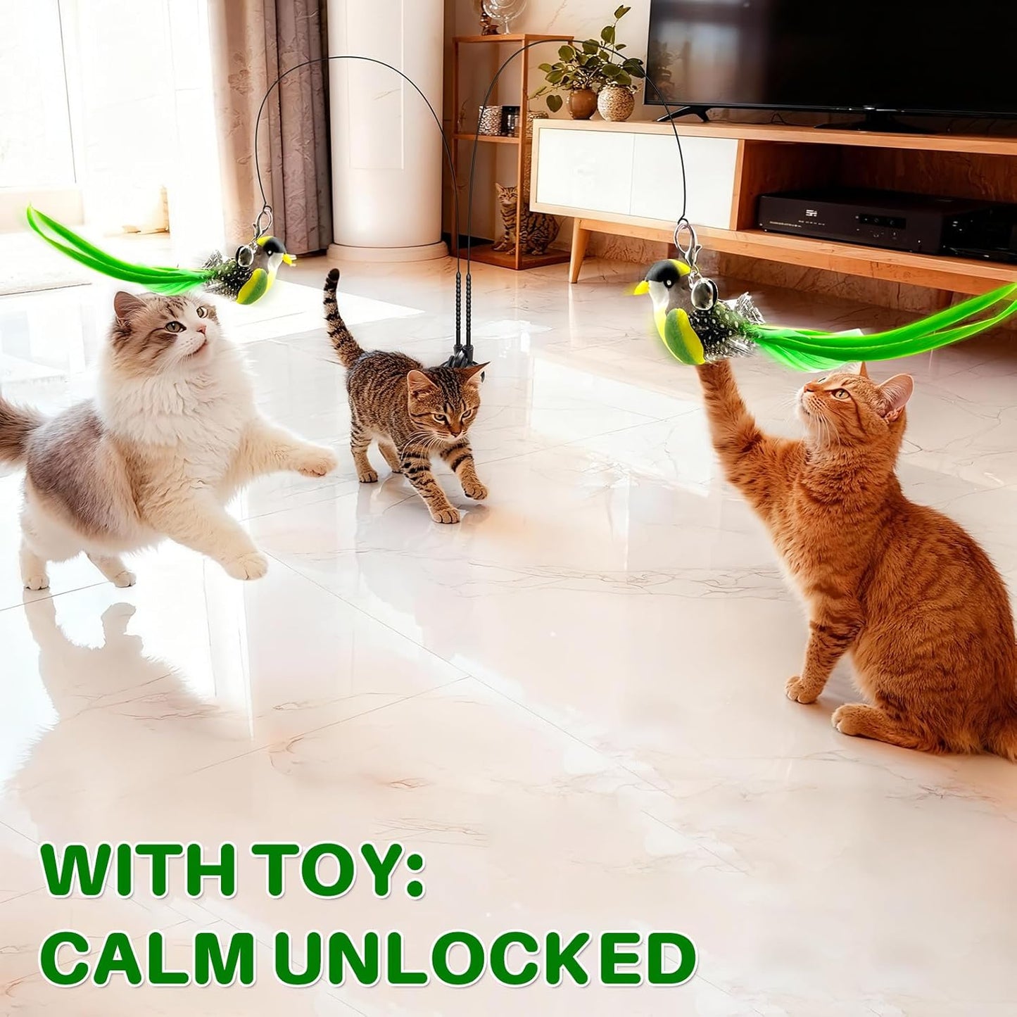Walfront Cat Toy Interactive Teaser Wand with Green Bird Attachment,Dual-Head Suction Cup Base, Durable Replaceable Feather Lure for Independent Play or Interactive Bonding with Indoor Cats & Kittens