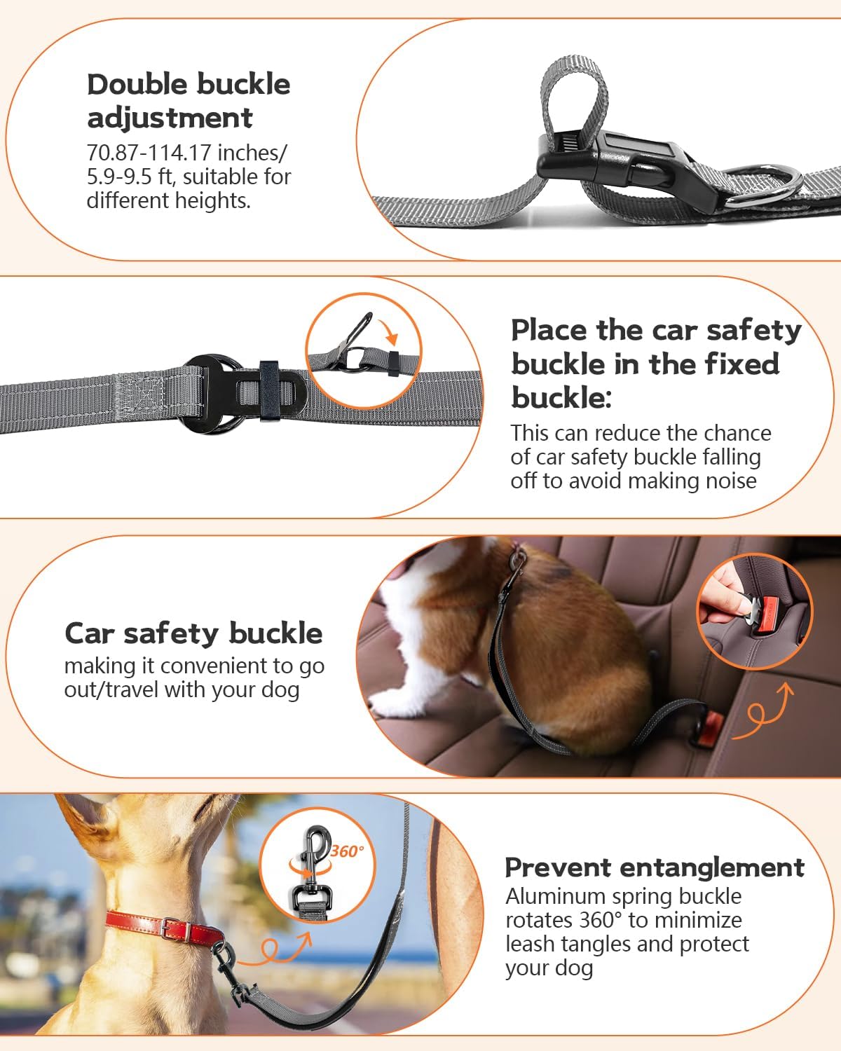 Hands Free Dog Leash, Multifunctional Crossbody Heavy Duty Dog Leash, 9.5 ft Long Waist Belt with Car Safety Buckle for Medium and Large Dogs Walking,Jogging,Running,Training (Grey 5.9-9.5ft).