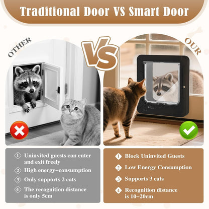 Smart Cat Door for Interior & Exterior, Flap Opening is 7.67’’ (H) by 7'' (W), RFID Cat Pet Door with 3 RFID Collar Sensor Keys & 1 Remote & 4 Way Locking Cat Flap, Automatic Opening Cat Door (Black)