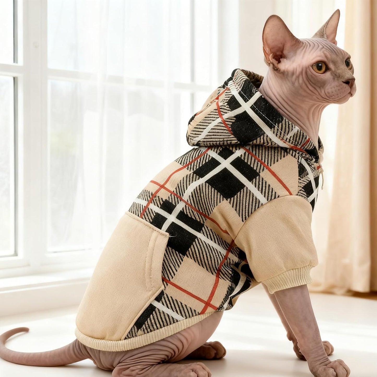 EXPAWLORER Plaid Cat Hoodie - British Style Warm Cat Sweater Shirt with Leash Hole,Pet Clothes Outfits,Winter Coat Apparel for Puppy Cats Girl Boy-Kitten Apparel,Beige S