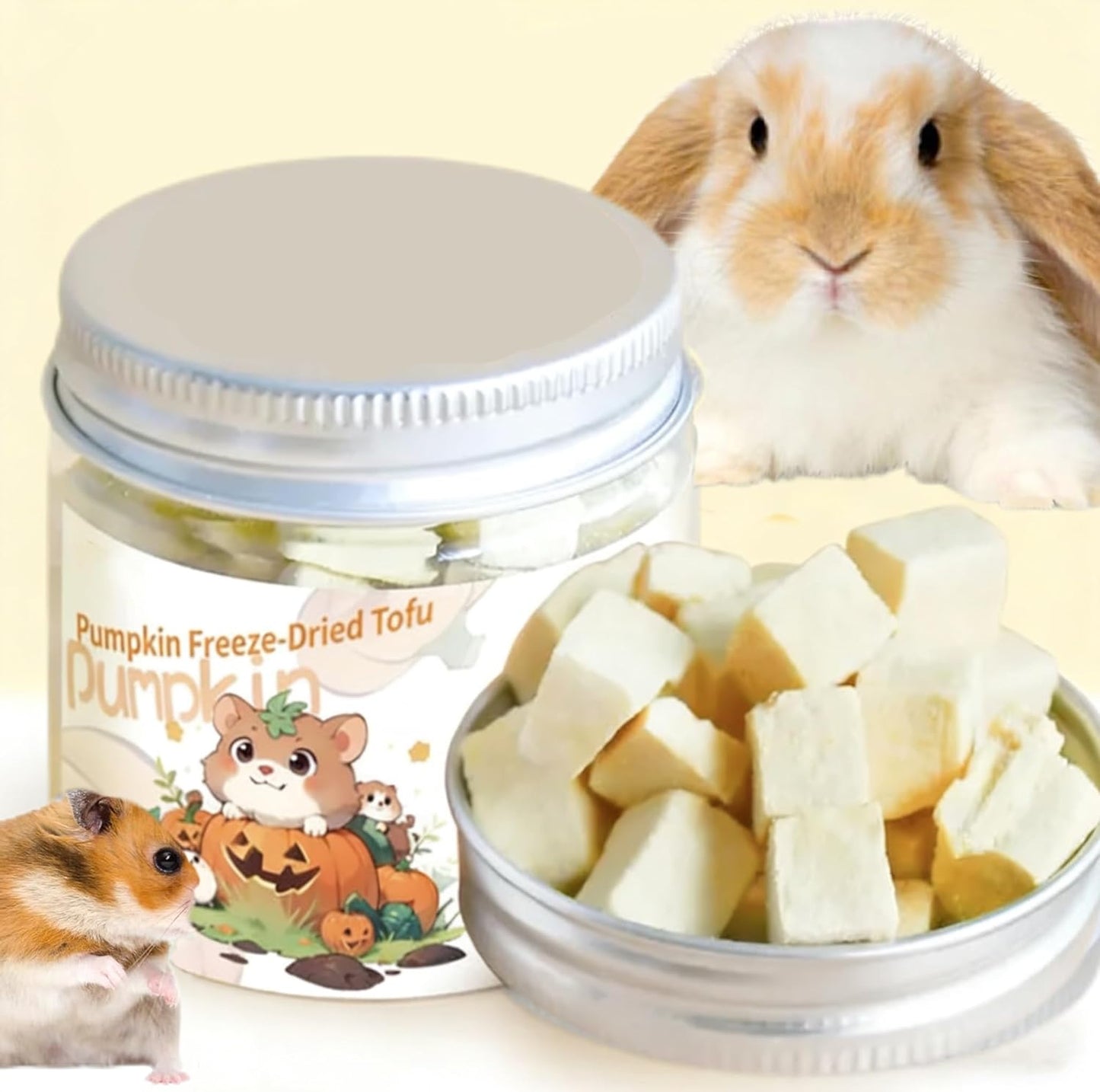 Freeze Dried Tofu for Hamsters High Protein Low Fat & Balanced Minerals Grain Single Ingredient Natural Treats for Rabbits Guinea Pigs & Small Pets (Freeze-Dried Tofu - Pumpkin)