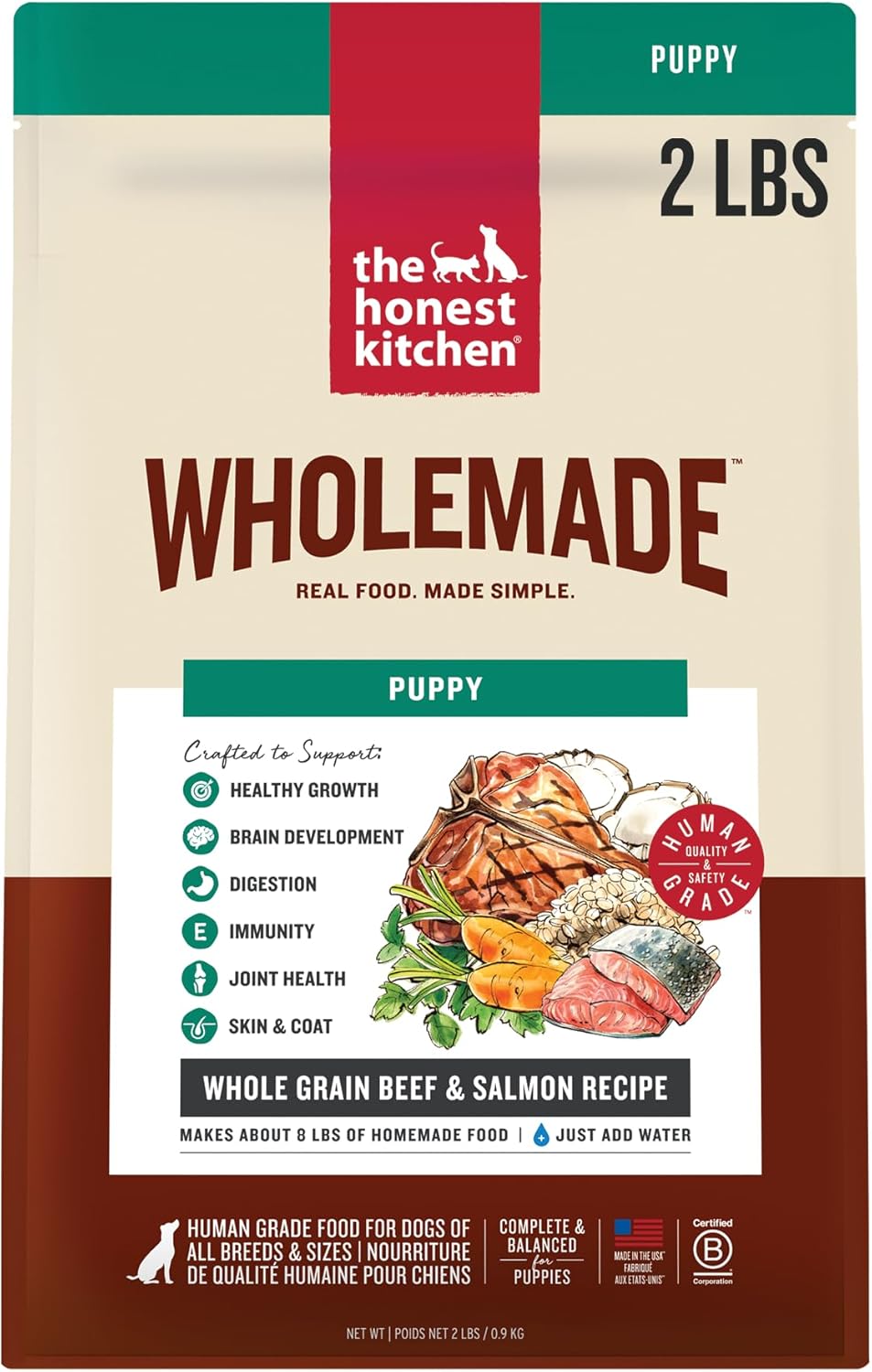 The Honest Kitchen Human Grade Wholemade™ Whole Grain Beef & Salmon Dehydrated Puppy Dog Food, 2lb Bag (Makes 8lbs)