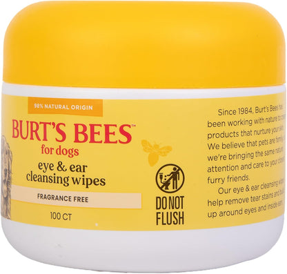 Burt's Bees for Pets Eye & Ear Cleansing Wipes for Dogs, Fragrance-Free, 98% Natural Origin Formulas, Gentle Spot Cleaning Sheets for Dog Eyes and Ears, 100 Count