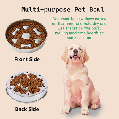 Slow Feeder Dog Bowl Stainless Steel, 3 Cups Large Capacity, Designed to Slow Down Eating, Double-Sided Design Ideal for All Dog Sizes