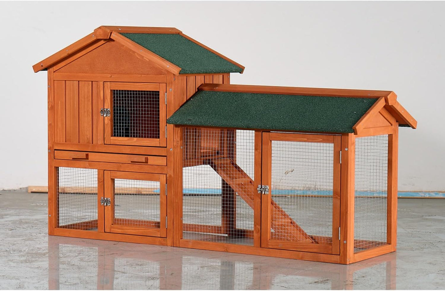 Large Wooden Rabbit Hutch Wood Brown Weather-Resistant Asphalt Roof Outdoor Porch Durable Pet Shelter