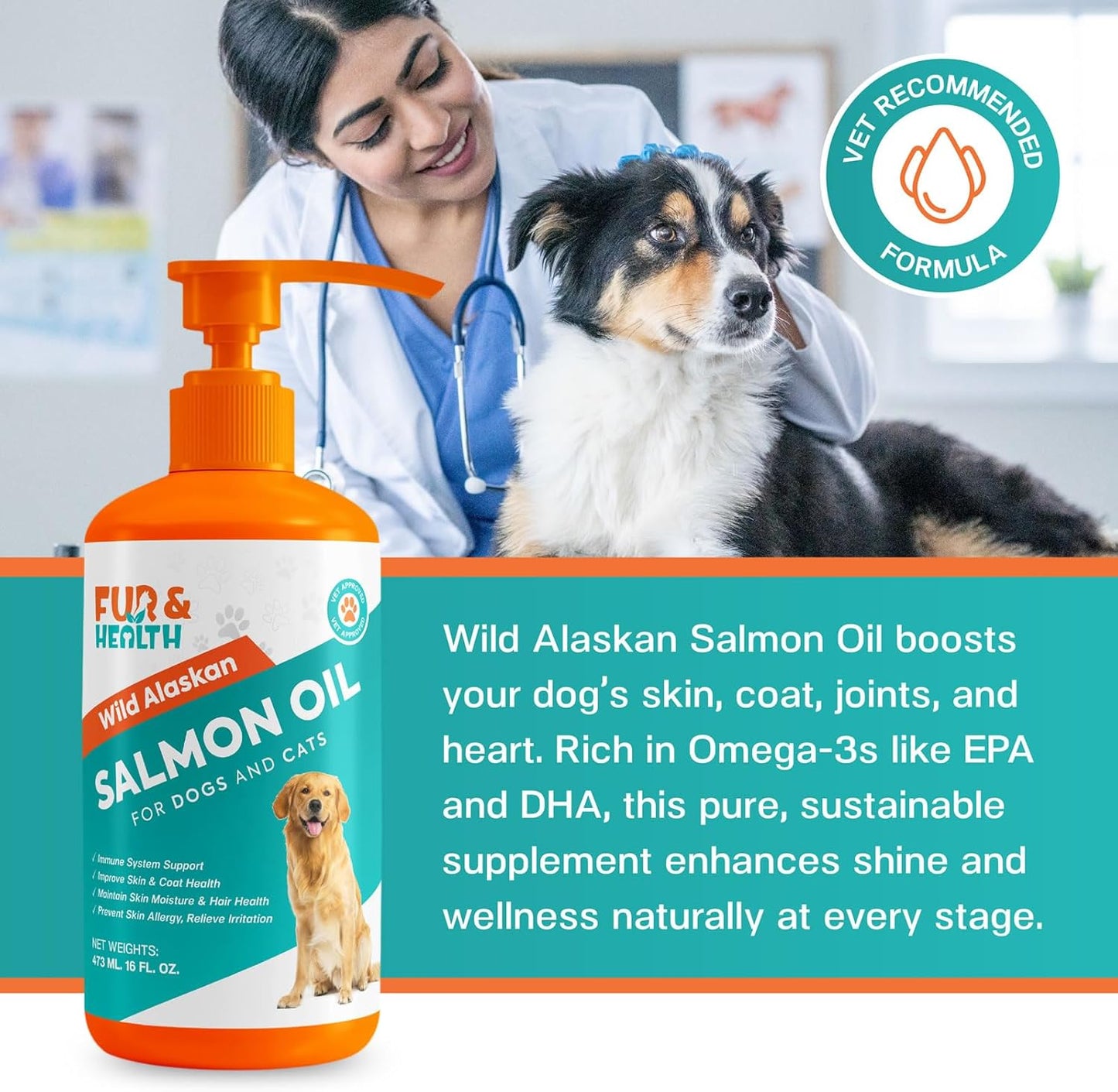 Fur & Health Wild Alaskan Salmon Oil with Omega 3 for Dogs & Cats - Natural Fish Oil Supplement Healthy Skin, Shiny Coat & Joint Support - Pure EPA & DHA Formula for Pet Immune Health 16oz