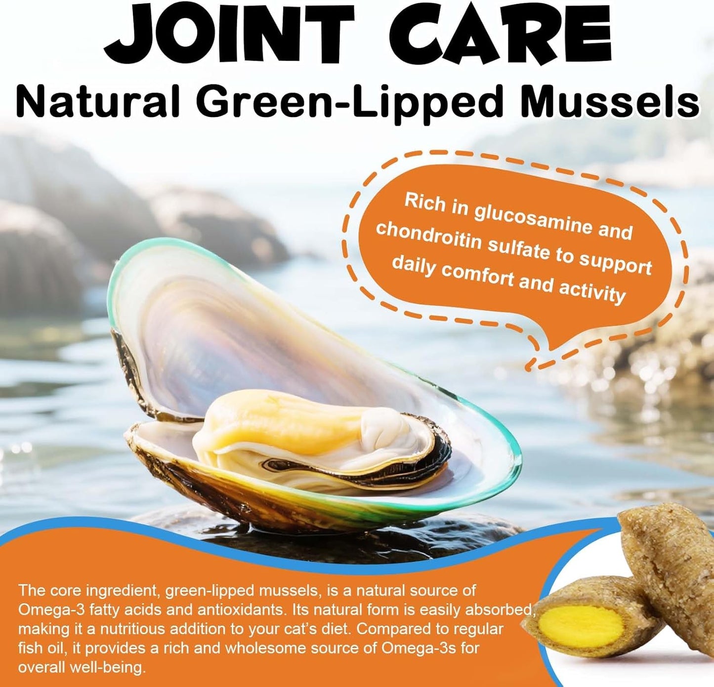 Hip & Joint Bites for Cats - Chicken Flavored Glucosamine Joint Supplement for Cats - Cat Joint Supplement for HIPS & Joints, Cat Arthritis Pain Relief, with Green Lipped Mussel, 3.7 oz