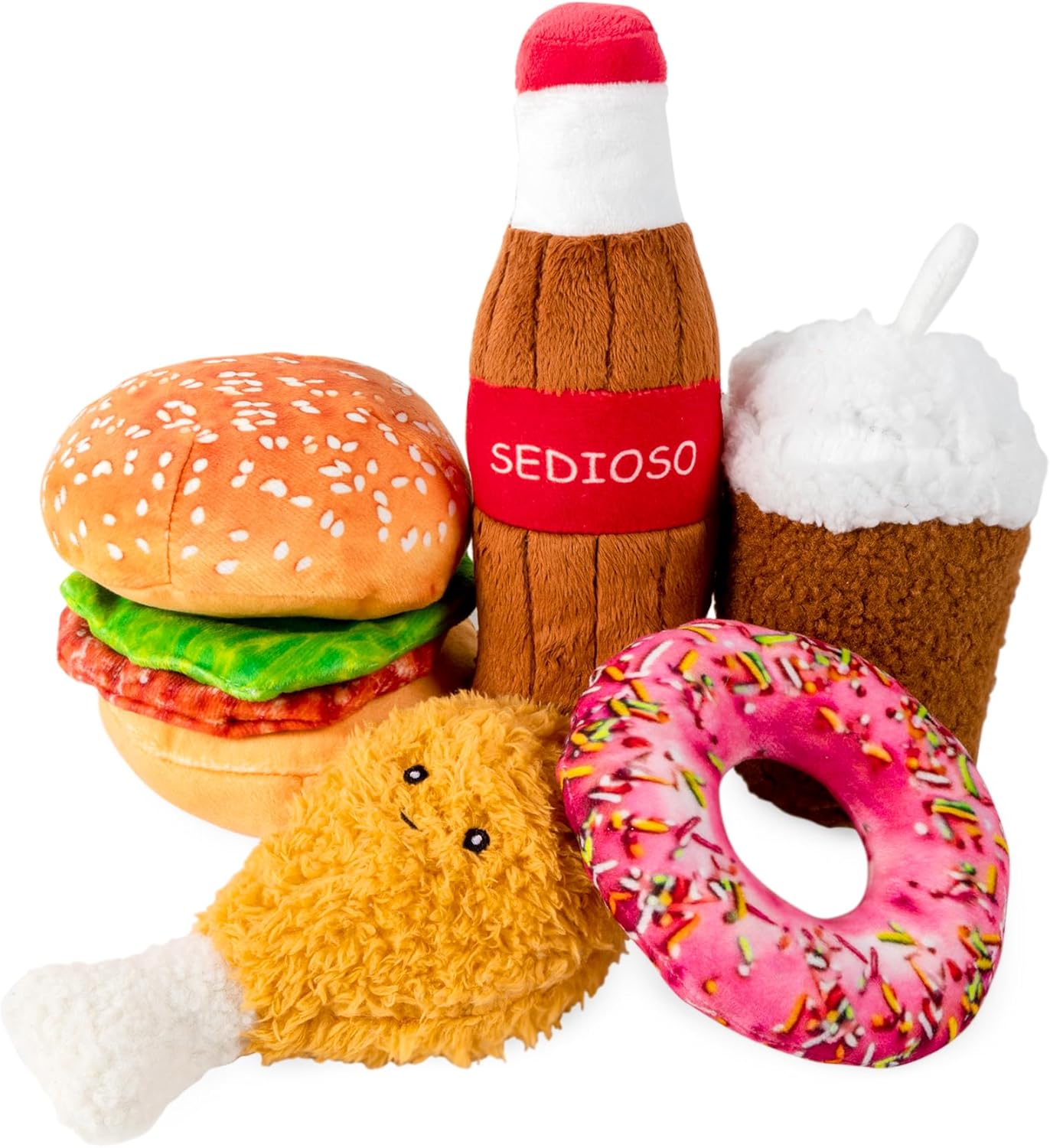 Large Dog Toy Set, 5-Pack Stuffed Dog Chew Toys, Durable Plush Dog Toy, Dogs Squeaky Toys for All Breed(Hamburger Series)