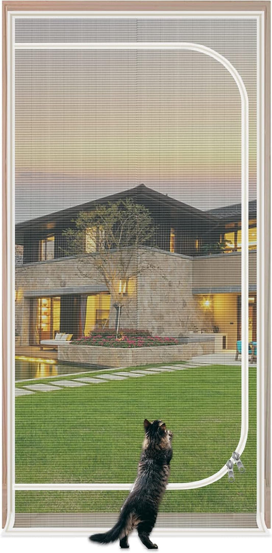 QWR Reinforced Cat Screen Door,Fits Door Opening Size 32''x 80'',Thickened Cat Proof Screen Door with Zipper Closure for Living Room,Kitchen,Bedroom.