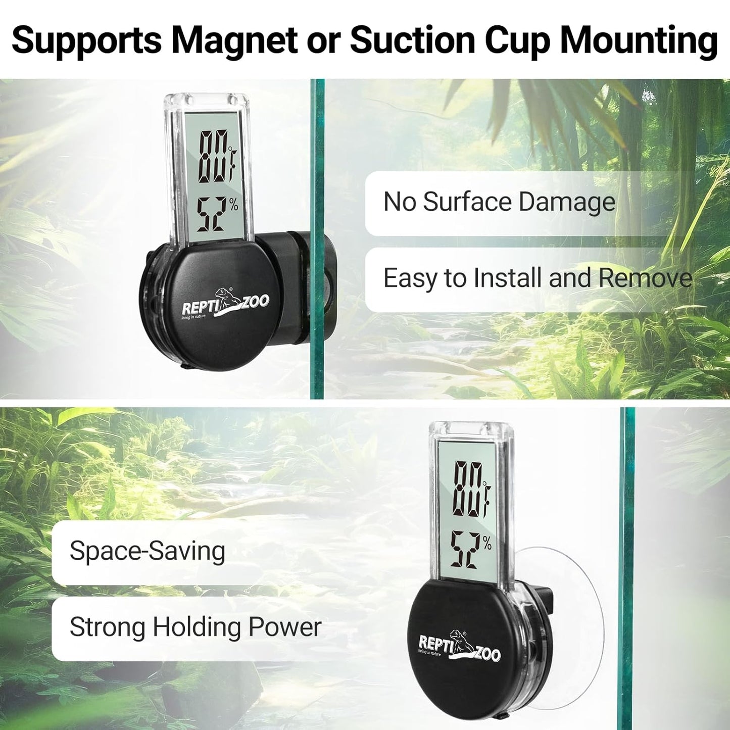 REPTI ZOO Magnetic Reptile Thermometer and Humidity Gauge, Digital LCD Temperature Humidity Monitor, Tank Terrarium Temp and Humidity Meter Accessories for Bearded Dragon, Snake, Hermit Crabs, Gecko