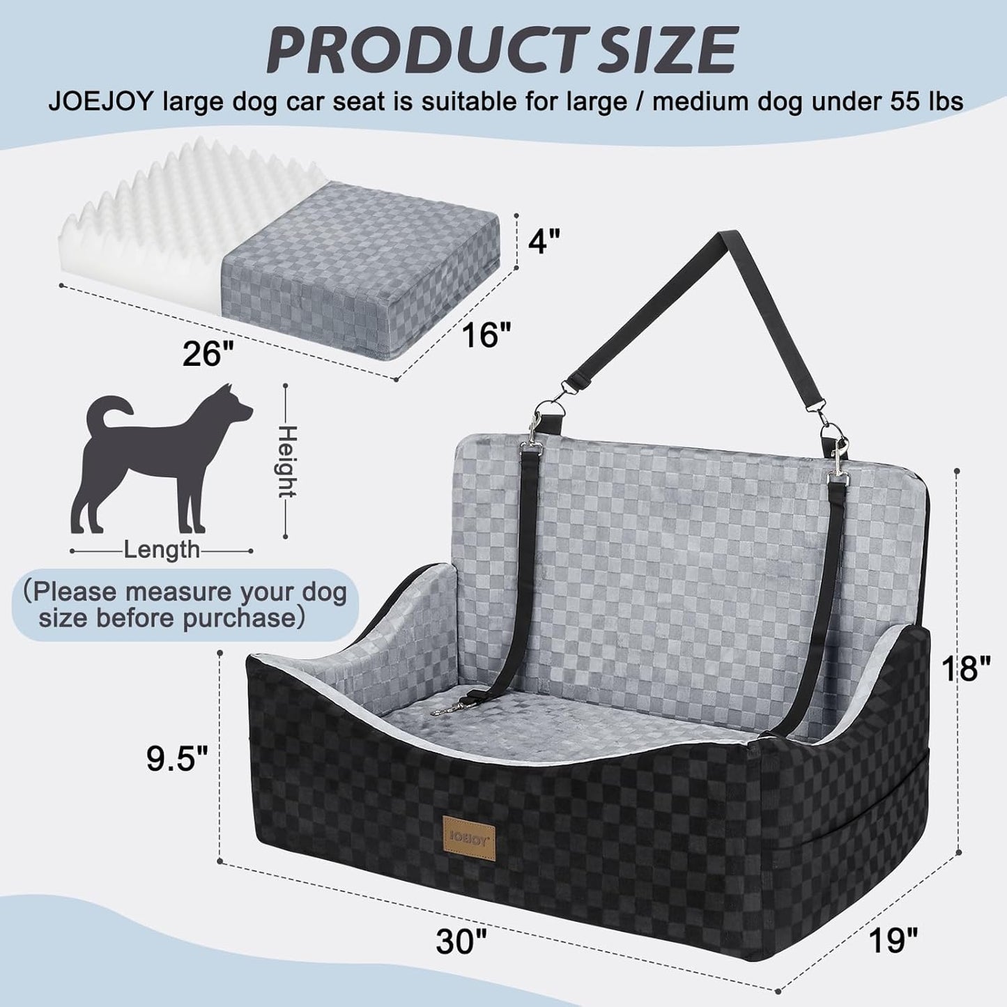 JOEJOY Dog Car Seat for Medium/Large Dogs - Reversible Dual-Sided Travel Dog Car Bed with Memory Foam, Washable Pet Booster Seat for Dogs up to 55 lbs or 2 Small Dogs, 2 Safety Leashes (Black/Grey)