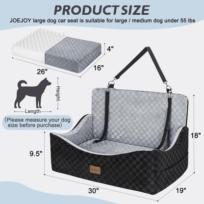 JOEJOY Dog Car Seat for Medium/Large Dogs - Reversible Dual-Sided Travel Dog Car Bed with Memory Foam, Washable Pet Booster Seat for Dogs up to 55 lbs or 2 Small Dogs, 2 Safety Leashes (Black/Grey)