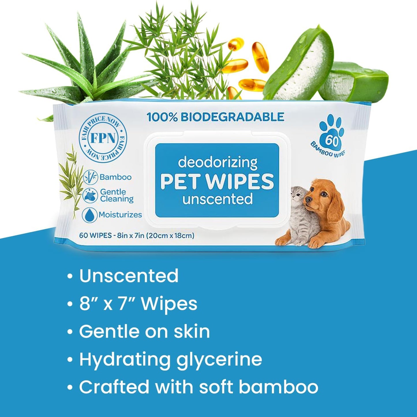 FPN Pet Cleaning Wipe 24 Bags of 60 Wipes – Unscented Bamboo Grooming Wipes for Dogs & Cats – No Alcohol or No Harsh Chemicals – Soft – 7x8 in (24 CT - 1440 Wipes)