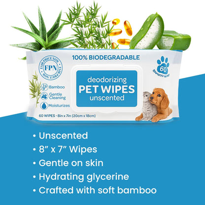 FPN Pet Cleaning Wipe 24 Bags of 60 Wipes – Unscented Bamboo Grooming Wipes for Dogs & Cats – No Alcohol or No Harsh Chemicals – Soft – 7x8 in (24 CT - 1440 Wipes)