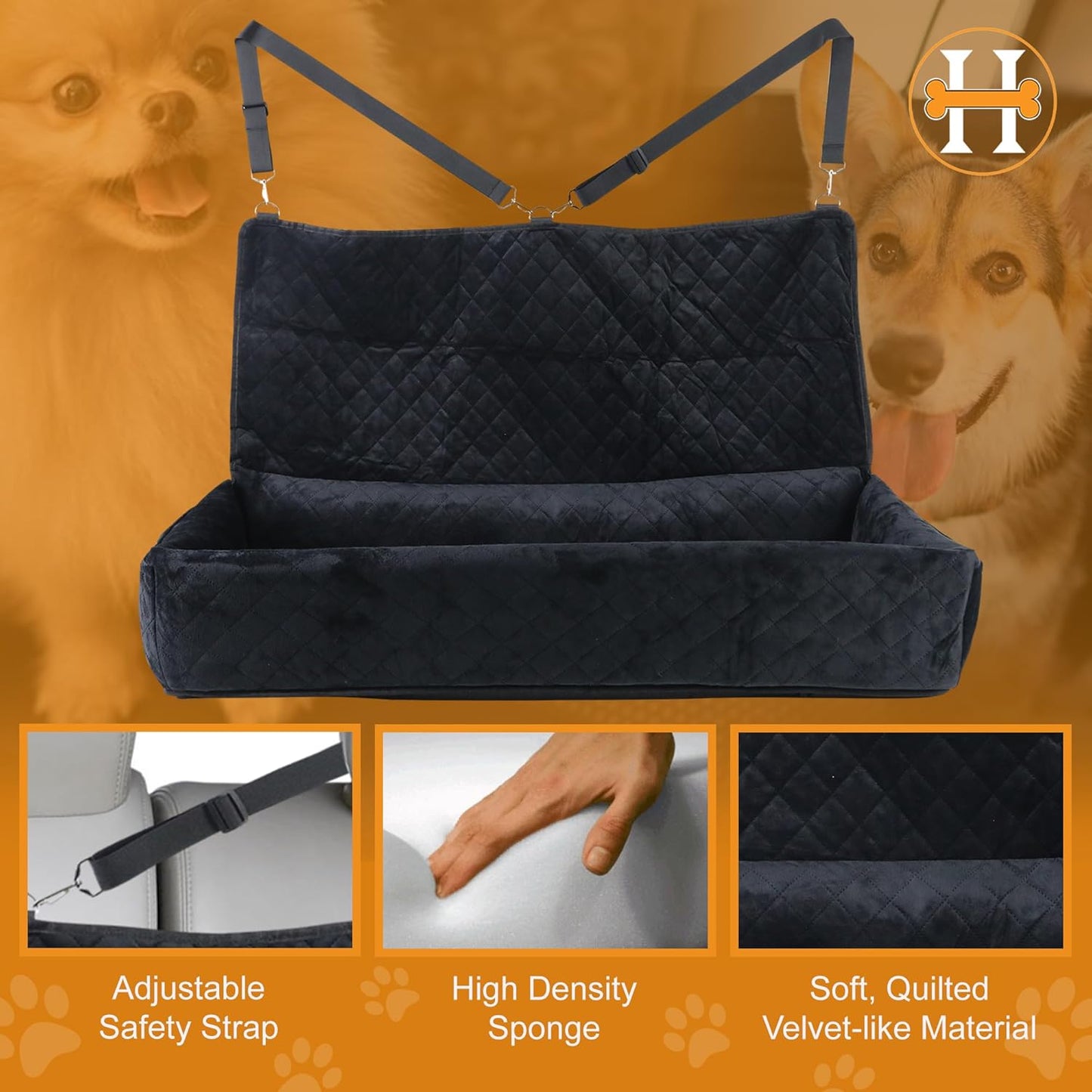 Dog Car Seat for Large Dogs Under 100LBS - Pet Booster Back Seat Bed with Safety Tethers & Storage Pocket, Removable Washable Travel Safety Car Accessory Only for Back Seat (Black)